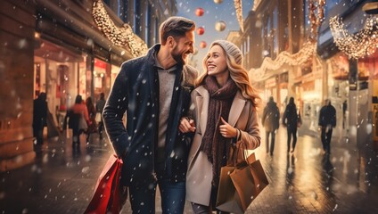 A festive couple captured on an urban street during the joyful Christmas holiday season