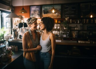 Couple of LGBT women in a cozy cafe, sharing a moment of love and connection, celebrating diversity and acceptance