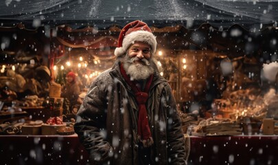 A bearded man in a Santa hat strolls through festively decorated streets, spreading holiday cheer
