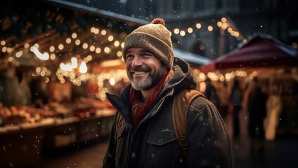 Fototapeta premium A bearded man in a Santa hat strolls through festively decorated streets, spreading holiday cheer