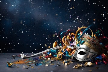 carnival props trumpet confetti mask magic wand background
