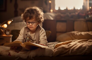 Fototapeta na wymiar A young boy reads a bedtime story, finding comfort and adventure in the world of books before sleep