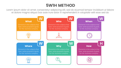 5W1H problem solving method infographic 6 point stage template with outline box table header square for slide presentation