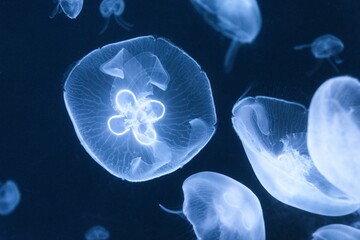 School of jellyfish gliding gracefully in the depths of the ocean against a dark backdrop.