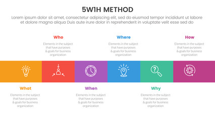 5W1H problem solving method infographic 6 point stage template with square box horizontal direction for slide presentation