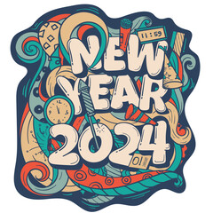 Doodle art of happy new year in retro color design for happy new year celebration template design