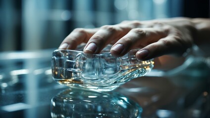 a hand reaching out to touch a transparent crystal bowl on a table, set against a contrasting blue background, creating a delicate and elegant scene. - obrazy, fototapety, plakaty