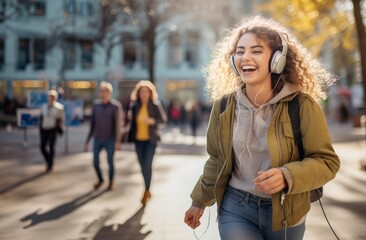 Young beauty immersed in music, headphones on, finding bliss in the vibrant urban rhythm
