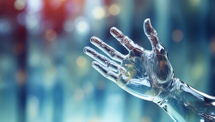 a glass hand reaching out, set against a blurred background filled with an array of lights and colors, creating a surreal and ethereal atmosphere.