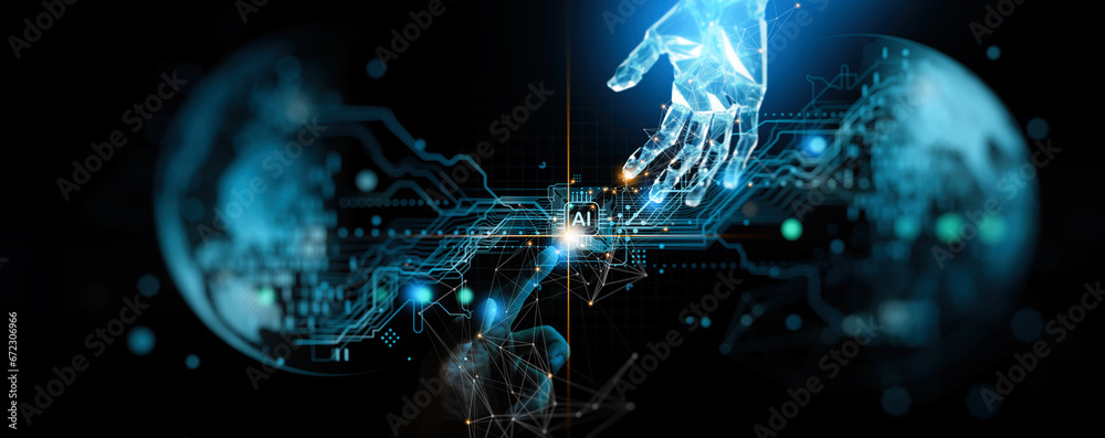 Fototapete AI will change the world, Machine learning, Hands of robot and human touching on big data network connection, Data exchange, deep learning, Science and artificial intelligence technology.