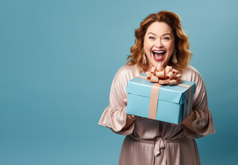 Beautiful happy curvy woman plus size plump girl attractive overweight on blue background holding big gift box, holiday surprise, birthday anniversary bonus compliment - obrazy, fototapety, plakaty