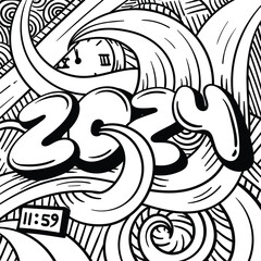 Cute typography number of 2024 in doodle art with floral background for new year design template