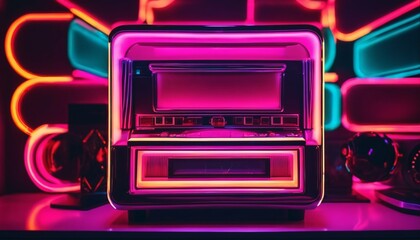 Obraz premium Neon vaporwave color mood in a chill living room featuring a retro vintage stereo jukebox
