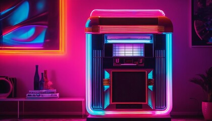 Chill living room with a retro vintage stereo jukebox and neon vaporwave color mood