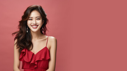 Asian woman model wear a red sundress isolated on pastel background