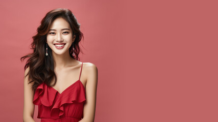 Fototapeta premium Asian woman model wear a red sundress isolated on pastel background