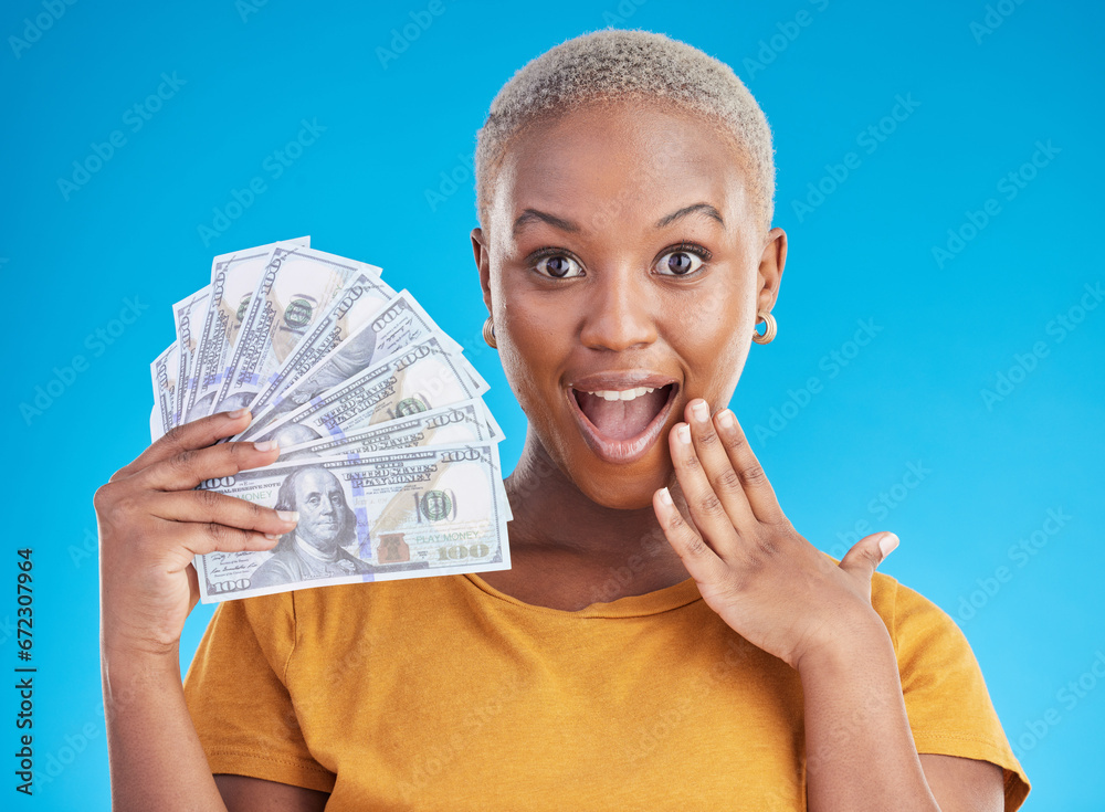 Wall mural money, wow and black woman in portrait for success, student loan or lottery fan on blue background. 