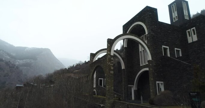 Winter. Aerial. Sanctuary of Our Lady of Meritxell is a basilica located in the town of Meritxell, in the Andorran parish of Canillo. Andorra. 