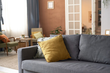 Horizontal image of comfortable sofa in modern living room