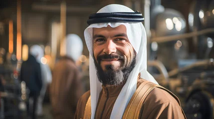 Foto op Plexiglas A successful Arab man with his kufiya smiling at an oil plant or his business. © JMarques