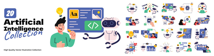 Artificial intelligence vector illustration set bundle. AI technology help people in communication, data analyst, medical analyst, finance, education, business and art. 