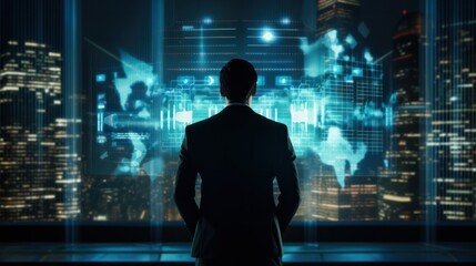 Back view businessman futuristic looking screen panel. Cyberspace with screen connect to data information Technology concept