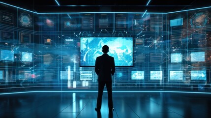 Obraz premium Back view businessman futuristic looking screen panel. Cyberspace with screen connect to data information Technology concept