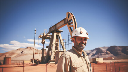 Fototapeta na wymiar Worker wearing a safety helmet at an oil pumping plant.