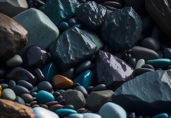 Close-up view of a cluster of rocks on a serene beach, highlighting natural textures and coastal beauty