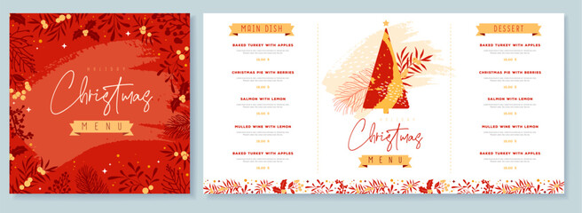Restaurant Christmas holiday menu design with christmas floral  desoration. Vector illustration