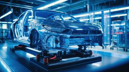 Fototapeta premium Futuristic electric car automated robot arm assembly line manufacturing