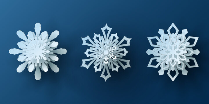 Vector set white christmas paper cut 3d snowflake with shadow on blue colored background. Winter design elements for presentation, banner, cover, web, flyer, card, sale, poster, slide and social media