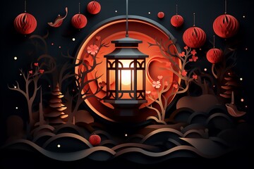 paper cutting art style of lantern in the dark, in organic shapes, layers, vector graphic