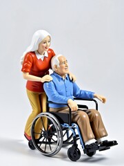 A 3D Toy Senior Man Pushing Woman In Wheelchair On A White Background