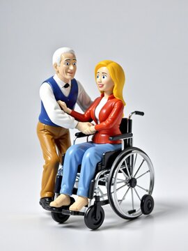 A 3D Toy Senior Man Pushing Woman In Wheelchair On A White Background