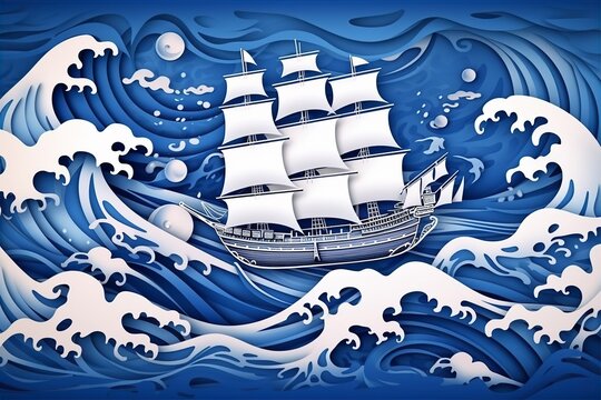 paper cutting style of pirate ship on sea, wave, vector graphic, royal blue and white color