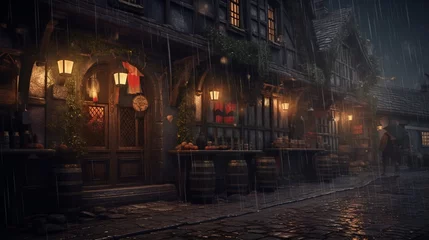 Fotobehang gloomy fantasy tavern in a city in a rainstorm.Generative AI © sudipdesign