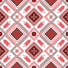 Autumn red geometric Aztec style. Mosaic on the tile. African Moroccan pattern. Ethnic carpet. Majolica. Asian rug. Tribal vector ornament. Aztec geo pattern. Native design for fabric print. seamless - obrazy, fototapety, plakaty