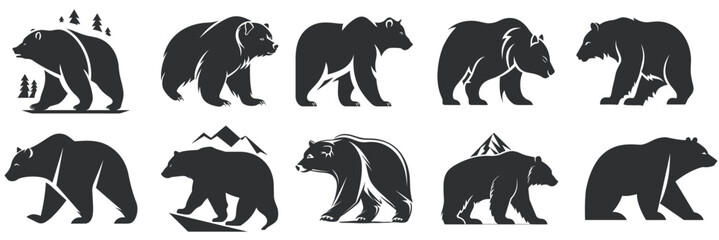 bear silhouette set logo vector animals illustration, Bear icon modern symbol, black icon, mascot, bear silhouette, logo style bear for graphic and web design