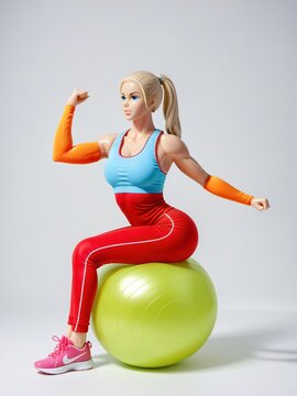 A 3D Toy Sporty Woman Sitting On Fitness Ball Doing Stretching Exercise On A White Background