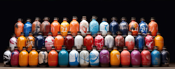 gas bottles in row at diverse colors. Lpg or Propane tanks filled with gass.