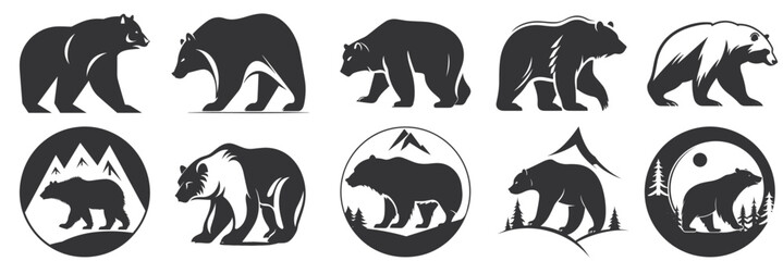 bear silhouette set logo vector animals illustration, Bear icon modern symbol, black icon, mascot, bear silhouette, logo style bear for graphic and web design - obrazy, fototapety, plakaty