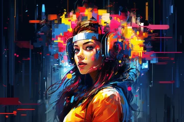 Abstract portrait of a futuristic cyberpunk female woman listening to music in headphones amidst vibrant digital chaos on blue colorful background. Futuristic pop art concept © Cherstva