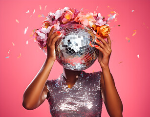 Naklejka premium Disco Dreams: A Girl Holding a Glittering Disco Ball Against a Pink Background Ideal for Portraying Retro Vibes and Dance Floor Fantasies, New Year party, Copy sace