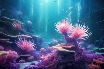 Naklejka na ściany i meble marine scene with coral reef. Underwater background 