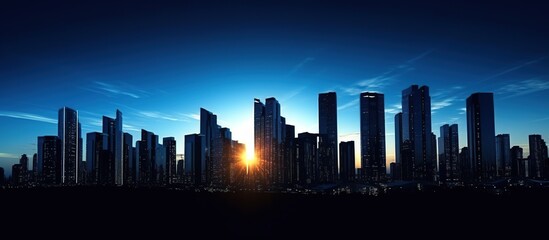 Silhouette of the cityscape with sky dyed blue view. AI generated image