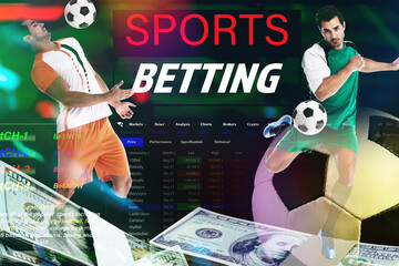 Sports betting. Multiple exposure with football players, money, soccer ball and website page