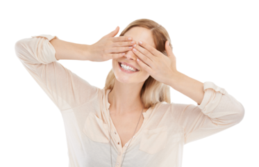 Happy woman, smile and cover for peekaboo, surprise or game for fun, playful or joy in Sweden. Female model, hand and face in pose on isolated or a transparent png background for wow, reaction or shy
