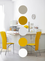 Stylish dining room with furniture. Color palette matching to this interior design