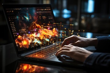 Double exposure of hands working on laptop and data graphics 